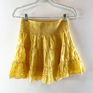 American Eagle Outfitters High Rise Solid Eyelet Tiered Mini Skirt Yellow Small thumbnail 4