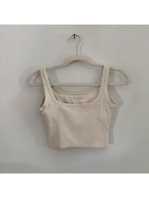 Cream Ribbed Cropped Tank with Build in Bra thumbnail 3