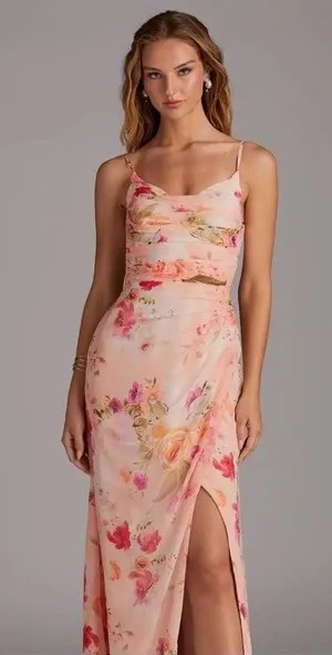 Azazie Deandra Pink Orange Floral Bridesmaid Altered Dress Size A2 NWT thumbnail 1