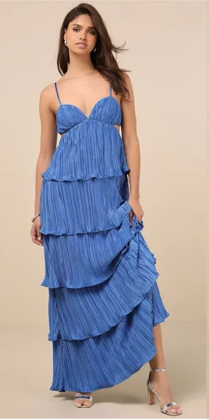 LULU’S Kanya Blue Satin Plisse Tiered Maxi Dress thumbnail 1