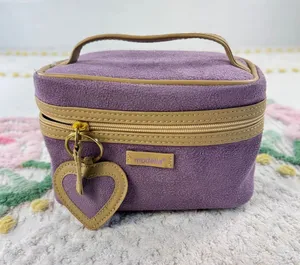 Modella‎ Purple Textured Makeup Bag Tan Trim Heart Keychain Travel Vanity Case thumbnail 1