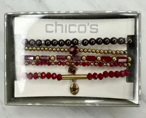 Chico's Gold Tone Stretch Bracelet Set of 5 Red Burgundy ✨ thumbnail 1