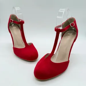 Red Faux Suede T-Strap Pumps Womens Size 9 Round Toe Stiletto Heels Ankle Strap thumbnail 1
