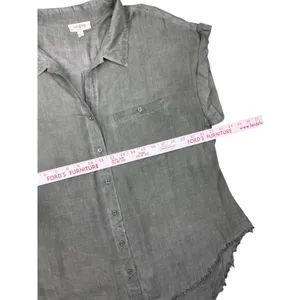 Umgee Green Short Sleeve Frayed Hem Button Down Shirt Small 100%‎ Rayon Boho Top thumbnail 4