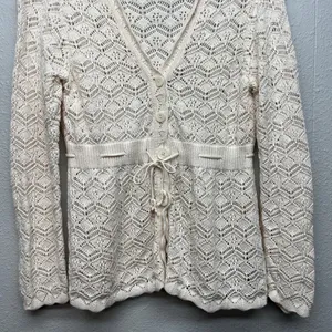 DALIA Pointelle Knit Tie Front Cotton Cardigan Sz Large Cottage Beachy Coastal thumbnail 5
