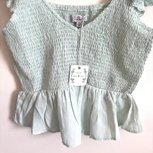 Poof‎ New York Shirt Womens Sz M Mint Green Cottage Ruffle Eyelet Top Blouse thumbnail 5