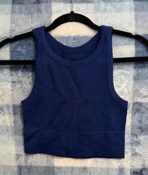 Comfort Cove Navy High Neck Ribbed Chevron Crop Tank Top OS thumbnail 1