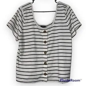 TORRID size 1 striped black off white striped button down front short sleeve top thumbnail 1