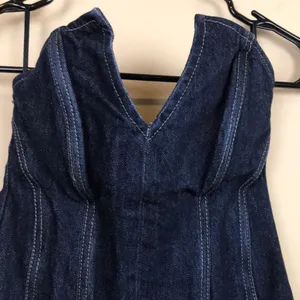 Zara Women’s Dark Wash Blue Denim Jean Boning Split Neck Zipper Back Bustier Top thumbnail 2