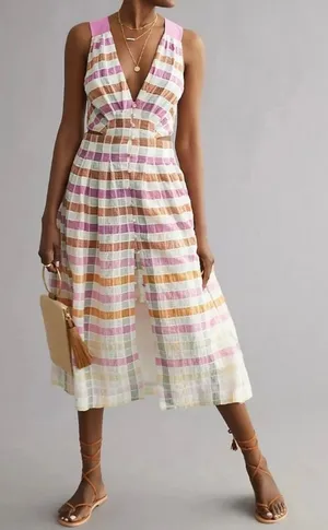 Maeve Anthropologie Ombré Plaid Midi Sundress Pink Orange White Women’s Size 2 thumbnail 1