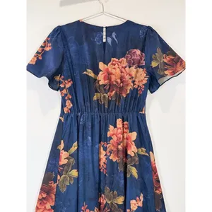 NWT Baltic Born Maxi Dress Blue Colina Satin Floral Flutter Side Slit Medium thumbnail 9