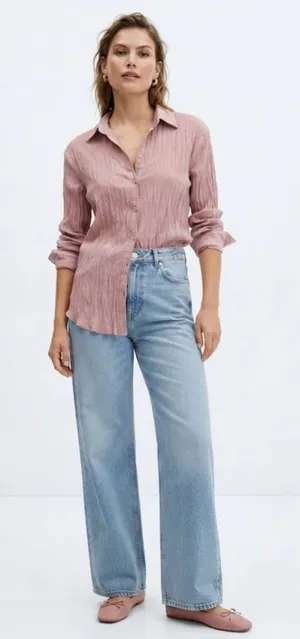 Zara Pink Crinkle Textured Button-Up Blouse - Size M thumbnail 1