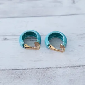 Vintage Clip On Earrings Light Blue Retro Chunky Hoops 0.75" thumbnail 7