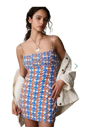Anthropologie Ophelia Sleeveless Linen Mini Dress Size 12 Blue Orange Homecoming thumbnail 1