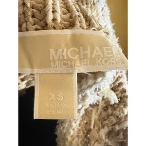 Michael Kors Fringe Striped Knit Sweater Beige White XS Boho Crewneck Pullover thumbnail 7