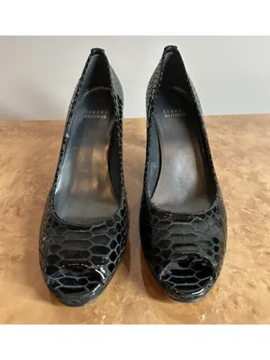 Stuart Weitzman Black Patent Reptile Embossed Peep Toe Pumps Heels 8 N thumbnail 2
