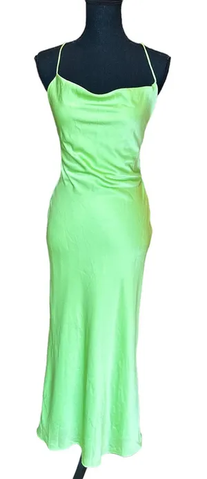 Mermaid Green Satin Midi Slip Dress Size 8 Cowl Lace Up Cocktail Bias Cut Party thumbnail 1