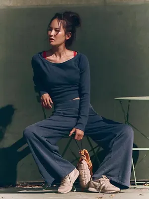 Free People Navy Wide-Leg Sweatpants thumbnail 3