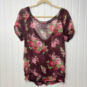 Abercrombie & Fitch Burgundy Maroon Floral Sheer Blouse‎ Boho Size L thumbnail 4