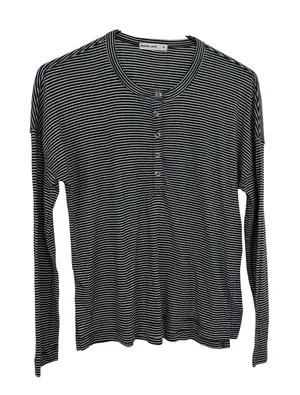 Marine Layer Henley Womens Medium Black Striped Long Sleeve Button Neck Top thumbnail 1