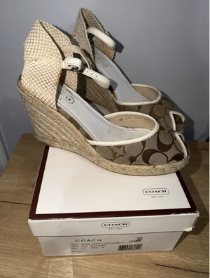 Coach Kimmy Wedge Sandals Khaki Gold Signature Size 8 Espadrille Straw Heels thumbnail 1
