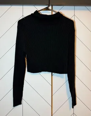 Stitch Drop Womens Large Black Ribbed Knit Turtle Neck Long Sleeve Crop Sweater thumbnail 1