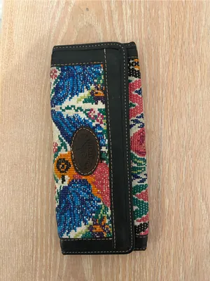 Embroidered Multicolor Bird Continental Wallet with Black Leather Trim thumbnail 4
