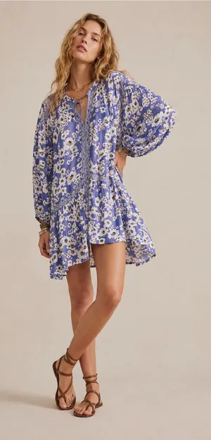 NEW Free People Blue Floral Bohemian Keyhole Long Sleeve Mini Dress Sz XS thumbnail 1