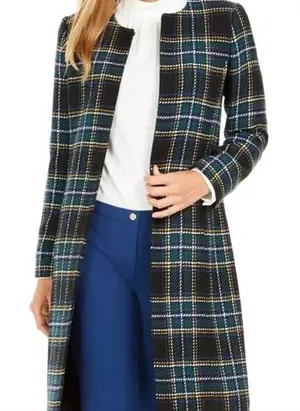Calvin Klein Women's Wool Blend Plaid Collarless Car Coat Jacket Sz 2 Teal Navy‎ thumbnail 1