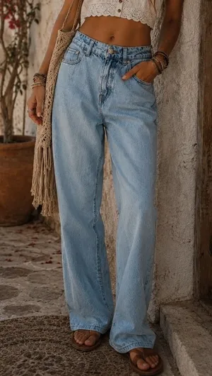 Future Collective 4 Jeans Wide Leg Slouchy High Rise Front Seam Light Wash Blue thumbnail 1