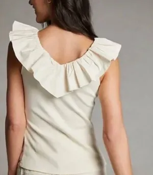 Anthropologie MaEve 100% Cotton Ivory Tina V Neck Ruffled Trim Tank XS thumbnail 3