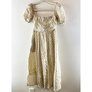 O.P.T Square Neck Short Puff Sleeve Floral Cotton Lined Midi Dress Cream Large thumbnail 4