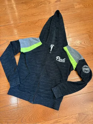 Victoria’s Secret PINK Zip Up Hoodie Small Black Neon Green Athletic Lounge Y2K thumbnail 1