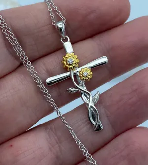 Sterling Silver And Gold Sunflower CZ Cross Necklace thumbnail 1
