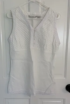 Vintage Y2K Tweeds White Linen Lace Sleeveless Blouse Women’s XL thumbnail 1