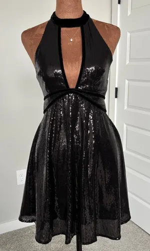 Free‎ People Film Noir Black Sequin Halter Mini Dress Velvet Trim Open Back US 2 thumbnail 1