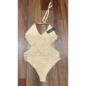 Lulus Beige Crochet Cutout Bodysuit One Piece Swim Coverup Festival Boho Medium thumbnail 7