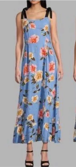 GB Women Powder Blue Floral Maxi Dress with Black Tie Straps thumbnail 1