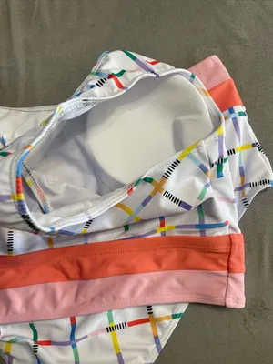 High-Waist Plaid Bikini Scoop Neck Pink Band Patchwork Wire Free Wide Strap L thumbnail 13