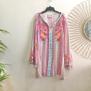 Savanna Jane Boho Hippie Indie embroidered bell flare sleeve tunic top blouse shirt floral multicolored colorful pink V-neck Size 1X-measurement in pics thumbnail 2