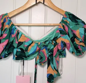 Hello Molly XS Multicolor Off The Shoulder Puff Sleeves Crop Top Tropical Print thumbnail 1