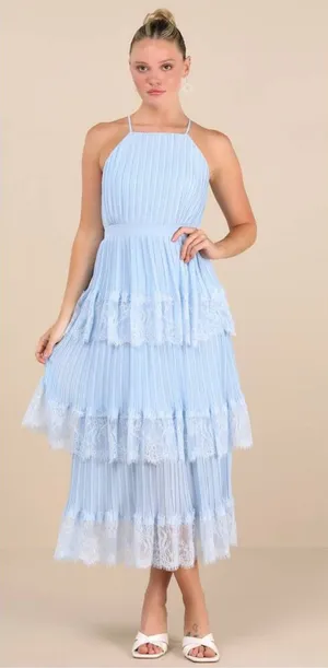 Lulu's Came For Cocktails Light Blue Pleated Tiered Lace Maxi Dress thumbnail 1