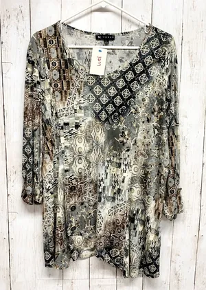 N Touch Patchwork Print Tunic Womens Size L Brown Grey 3/4‎ Sleeve Knit Top thumbnail 1