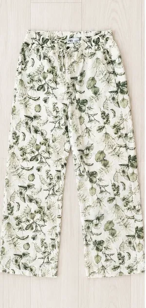 Zara Floral Print High-Waist Drawstring Wide Leg Trousers Ecru Green Sz S thumbnail 1