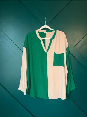 JODIFL Linen Blend Colorblock Tunic Top V Neck Pocket Blouse Size L thumbnail 2
