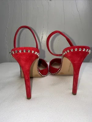 Gianni Bini red suede rhinestones-trimmed slingback pumps thumbnail 6
