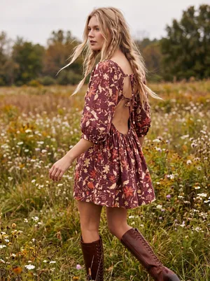 Free People Western Bohemian Dainty Lola Mini Dress Mocha Combo Large Floral NWT thumbnail 2
