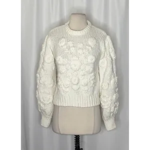 ZARA White Floral Embroidered Puff Sleeve Knit Sweater Blogger Favorite Small thumbnail 2