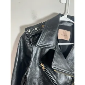 Twinset Milano Black‎ Genuine Leather Pearl Studded Biker Moto Jacket Womens S thumbnail 7