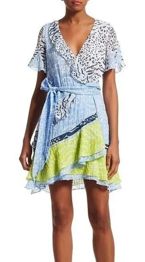 Tanya Taylor Silk Mini Dress Asymmetrical Short Sleeve Sz 0 bianka belted print thumbnail 1